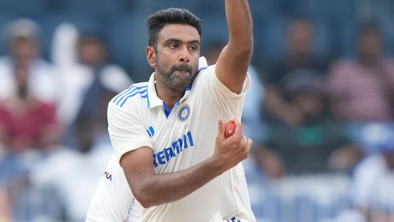 India's Ravichandran Ashwin bowls a delivery on the third day of the first cricket test match between India and Bangladesh, in Chennai, India, Saturday, Sept. 21, 2024. (AP Photo/Mahesh Kumar A.)