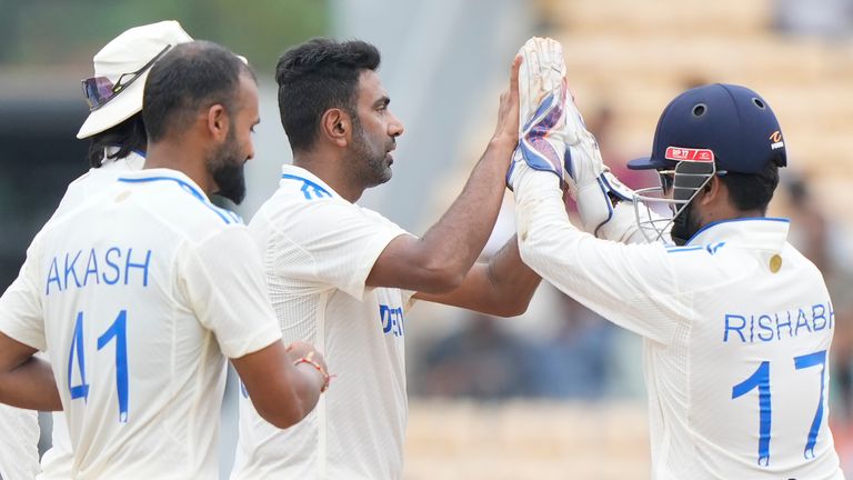 India's Ravichandran Ashwin, centre, celebrates with teammates the wicket of Bangladesh's Shakib Al Hasan on the fourth day of the first cricket test match between India and Bangladesh, in Chennai, India, Sunday, Sept. 22, 2024. (AP Photo/Mahesh Kumar A.)