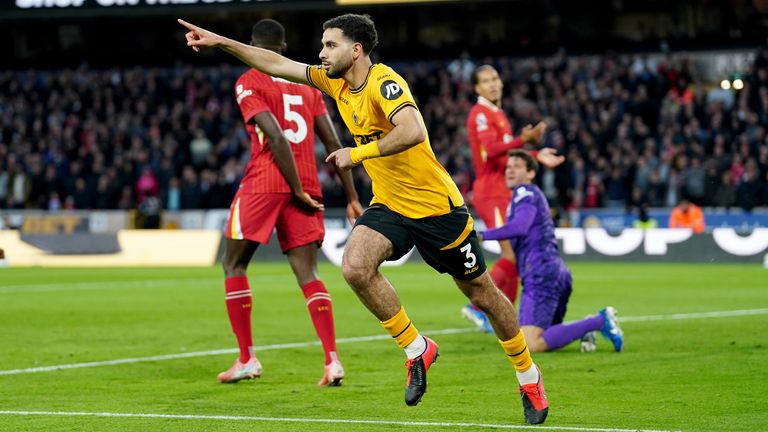 Rayan Ait Nouri celebrates Wolverhampton's equalizer in the second half