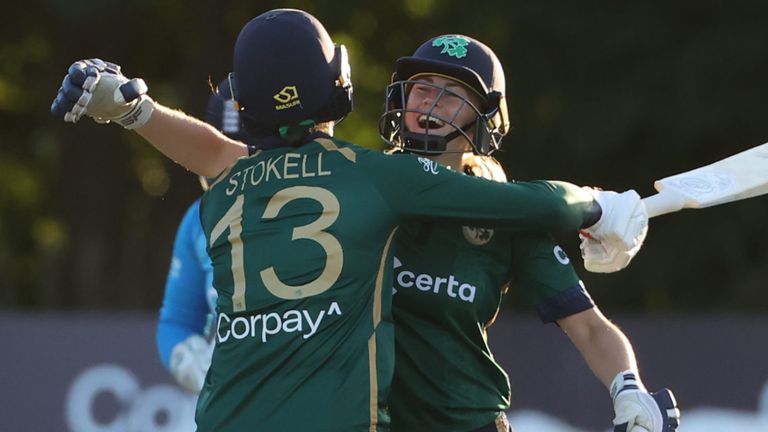 Ireland v England - Third Women's ODI - Civil Service Cricket Club
Ireland's Rebecca Stokell (left) and Alana Dalzell celebrate after winning the game during the third One Day International match at the Civil Service Cricket Club in Stormont, Belfast. Picture date: Wednesday September 11, 2024.