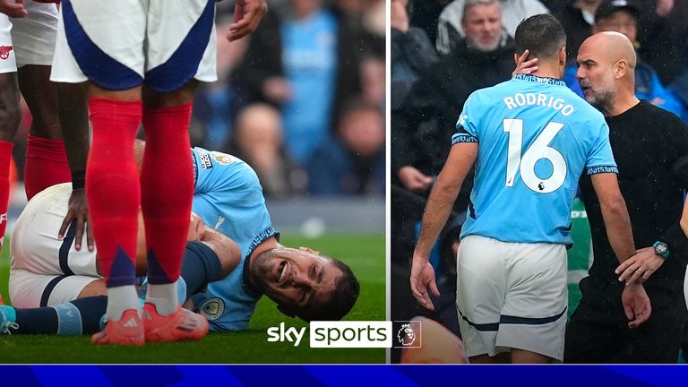 Manchester City's Rodri reacts to an injury before being substituted off during the Premier League match at the Etihad Stadium, Manchester. Picture date: Sunday September 22, 2024.