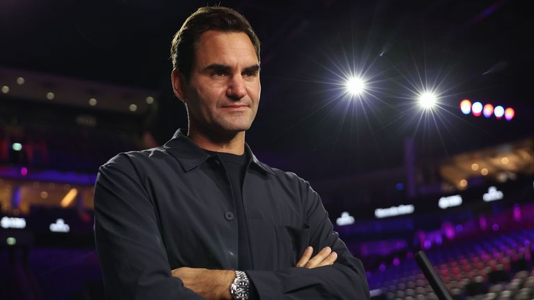 Roger Federer speaks to the press ahead of the Laver Cup at Uber Arena on September 17, 2024 in Berlin, Germany. (Photo by Maja Hitij/Getty Images for Laver Cup)