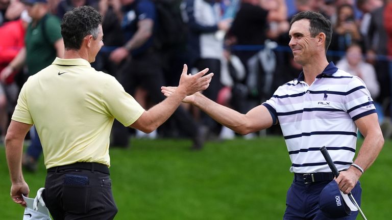 Rory McIlroy congratulates first place Billy Horschel following a play-off during day four of the 2024 BMW PGA Championship at Wentworth 