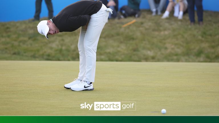 Rory McIlroy dari Irlandia Utara bereaksi setelah gagal memasukkan bola ke lubang ke-18 pada hari keempat Amgen Irish Open 2024 di Royal County Down di Newcastle, County Down. Tanggal foto: Minggu, 15 September 2024.