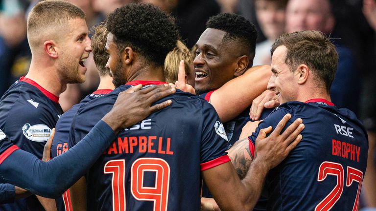 DINGWALL, SCOTLAND - SEPTEMBER 21: Ross County's Akil Wright celebrates as he scores to make it 3-3 during a William Hill Scottish Premiership match between Ross County and St Johnstone at the Global Energy Stadium, on September 21, 2024, in Dingwall, Scotland. (Photo by Ross Parker / SNS Group)