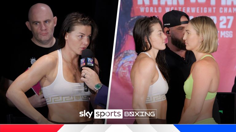 Sandy Ryan and Mikaela Mayer exchange a few heated words in their weigh-in ahead of their WBO welterweight world title fight