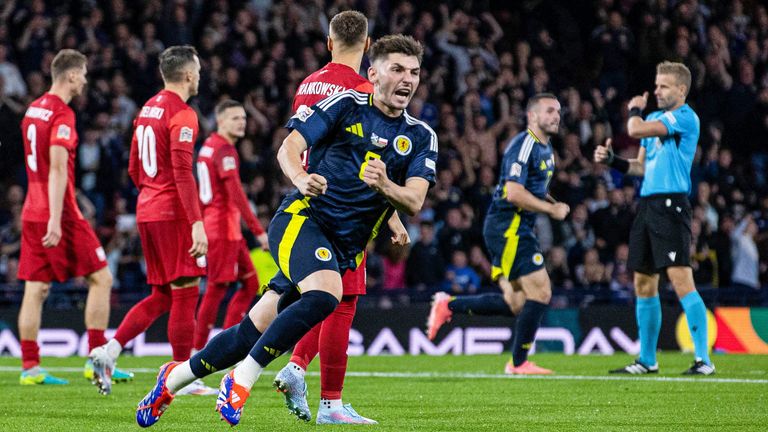 Scotland's Billy Gilmour celebrates as he scores to make it 2-1 against Poland