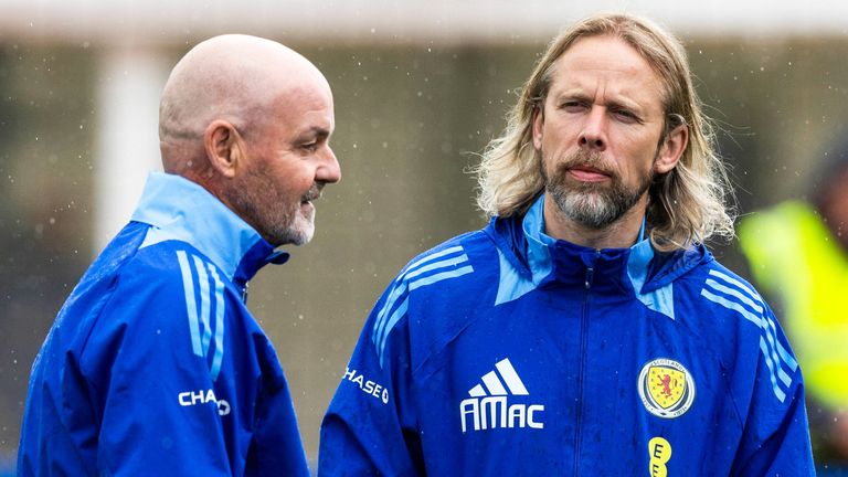 Scotland Head Coach Steve Clarke and set piece coach Austin MacPhee during a Scotland training session at Stadion am Groben, on June 15, 2024, in Garmisch-Partenkirchen, Germany. (Photo by Craig Williamson / SNS Group)