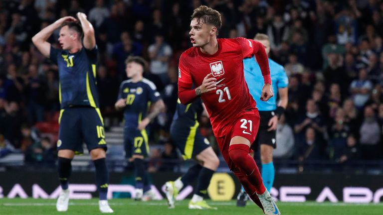 Poland's Nicola Zalewski celebrates after scoring his sides third goal during the UEFA Nations League soccer match between Scotland and Poland at Hampden Park in Glasgow, Scotland, Thursday, Sept. 5, 2024.