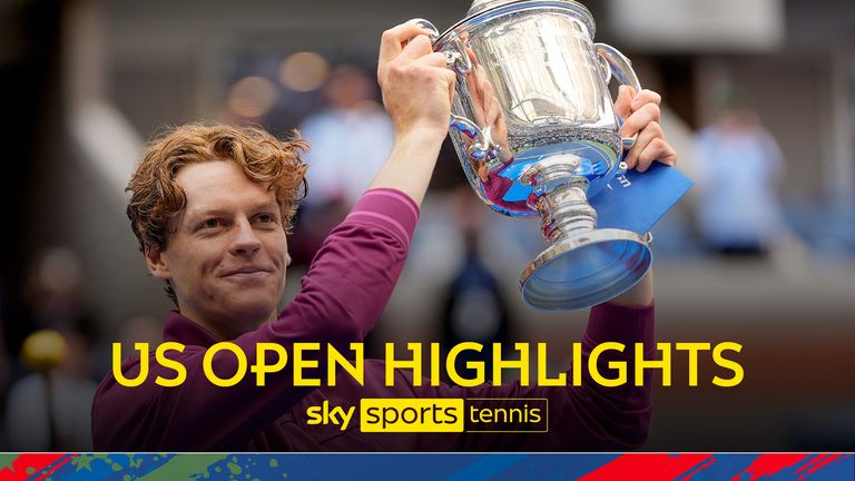 Jannik Sinner, of Italy, holds up the championship trophy after defeating Taylor Fritz, of the United States, in the men&#39;s singles final of the U.S. Open <a href=