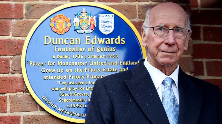 Sir Bobby Charlton unveils a tribute to Duncan Edwards at Priory Park, Dudley.