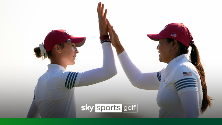 United States' Nelly Korda, left, is celebrates with teammate Allisen Corpuz after sinking a putt on the 10th hole during a Solheim Cup golf tournament foursome match at Robert Trent Jones Golf Club, Saturday, Sept. 14, 2024, in Gainesville, Va. (AP Photo/Matt York)