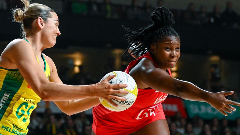 ADELAIDE, AUSTRALIA - SEPTEMBER 19: Sophie Garbin of the Diamonds competes with Razia Quashie of the Roses during game one of the international series between Australia Diamonds and England Roses at Adelaide Entertainment Centre on September 19, 2024 in Adelaide, Australia. (Photo by Mark Brake/Getty Images) 
