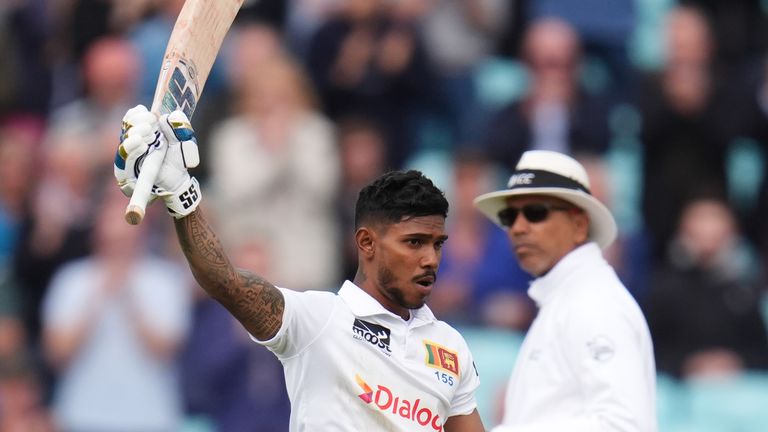 Sri Lanka's Pathum Nissanka celebrates reaching his century on day four of the Third Rothesay Men's Test at The Kia Oval, London. Picture date: Monday September 9, 2024.