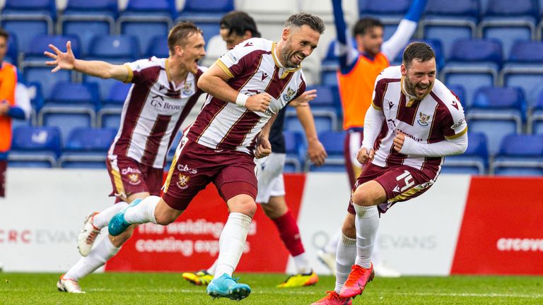 DINGWALL, SCOTLAND - SEPTEMBER 21: St Johnstone's Nicky Clark celebrates with Drey Wright as he scores from a free kick to make it 2-1 during a William Hill Scottish Premiership match between Ross County and St Johnstone at the Global Energy Stadium, on September 21, 2024, in Dingwall, Scotland. (Photo by Ross Parker / SNS Group)