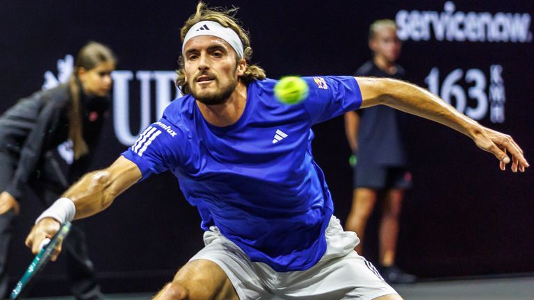 Stefanos Tsitsipas returns a ball in the Laver Cup