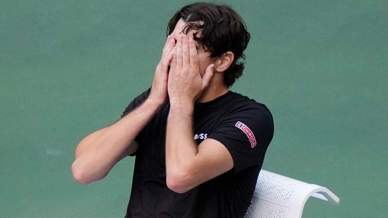 Taylor Fritz, of the United States, reacts after being defeated by Jannik Sinner, of Italy, in the men's singles final of the U.S. Open tennis championships, Sunday, Sept. 8, in New York. 2024. (AP Photo/Frank Franklin II)