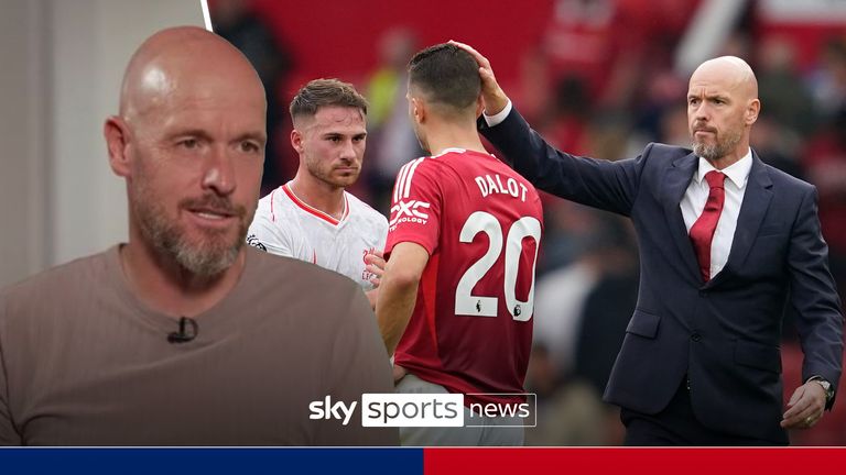 Manchester United's head coach Erik ten Hag, right, greets Manchester United's Diogo Dalot, centre, and Liverpool's Alexis Mac Allister at the end of the English Premier League soccer match between Manchester United and Liverpool at Old Trafford, Sunday, Sept. 1, 2024, in Manchester, England. (AP Photo/Dave Thompson)