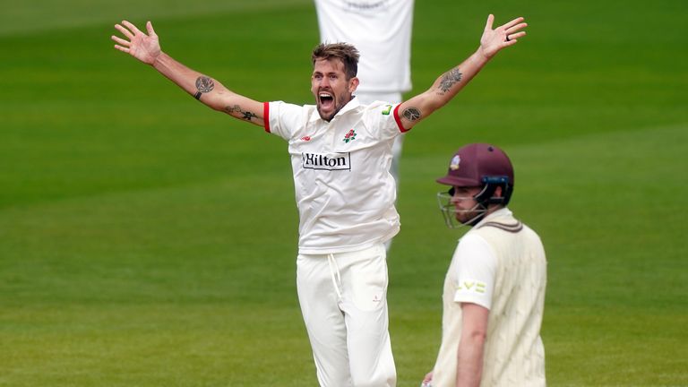 Lancashire's Tom Bailey celebrates the wicket of Surrey's Ollie Pope (LBW) on day one of the LV= Insurance County Championship Division Two match at Emirates Old Trafford, Manchester. Picture date: Thursday April 6, 2023.