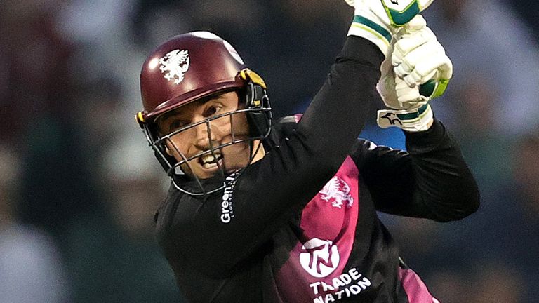 Tom Banton of Somerset plays the ball to the boundary for six runs during the T20 Vitality Blast quarter final match between Northamptonshire Steelbacks and Somerset at The County Ground on September 05, 2024 in Northampton, England.