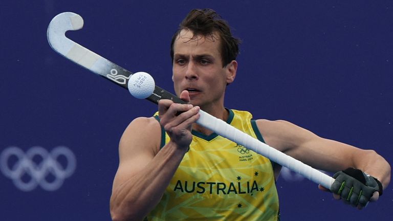 Australia's forward #02 Thomas Craig controls the ball in the men's pool B field hockey match between Australia and Argentina during the Paris 2024 Olympic Games at the Yves-du-Manoir Stadium in Colombes on July 27, 2024. (Photo by Ahmad GHARABLI / AFP)