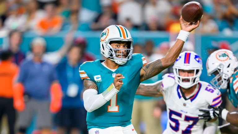 Miami Dolphins quarterback Tua Tagovailoa (1) throws the ball during an NFL football game against the Buffalo Bills, Thursday, Sept. 12, 2024, in Miami Gardens, Florida. (AP Photo/Doug Murray)