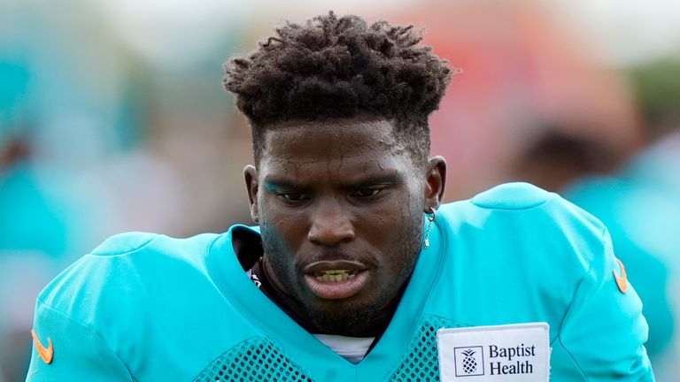 Miami Dolphins wide receiver Tyreek Hill (10) warms up during a joint NFL football practice with the Atlanta Falcons at the team's practice facility, Wednesday, Aug. 7, 2024, in Miami Gardens, Fla. (AP Photo/Marta Lavandier) 