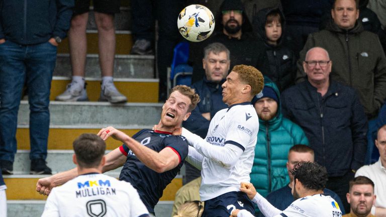 Ross County's Jordan White was awarded a penalty after he was pulled down by Dundee's Ethan Ingram