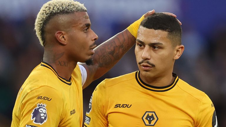 WOLVERHAMPTON, ENGLAND - SEPTEMBER 28: Andre of Wolverhampton Wanderers and Mario Lemina of Wolverhampton Wanderers during the Premier League match between Wolverhampton Wanderers FC and Liverpool FC at Molineux on September 28, 2024 in Wolverhampton, England. (Photo by Catherine Ivill - AMA/Getty Images)