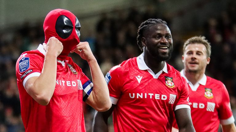 Paul Mullin celebrated scoring on Tuesday night by wearing a Deadpool mask - Credit: Gemma Thomas/Wrexham AFC