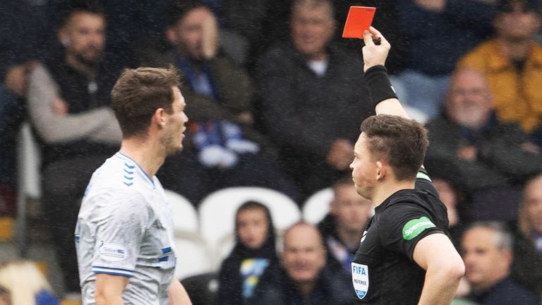 Referee Matthew MacDermid sent Kilmarnock's Joe Wright off for a foul on Shaun Rooney