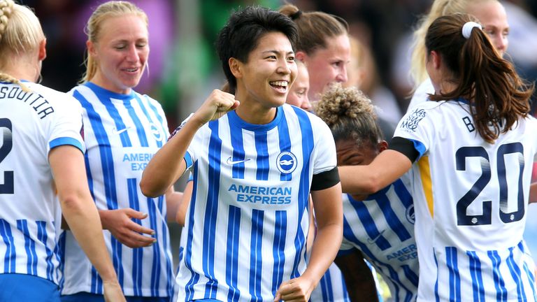 Kiko Seike celebrates after giving Brighton a first-half lead against Everton