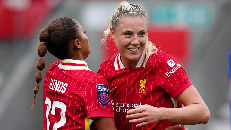 Sophie Roman Haug celebrates after giving Liverpool the lead against Leicester