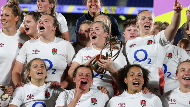 New Zealand v England: WXV 1 - Auckland
AUCKLAND, NEW ZEALAND - NOVEMBER 04: England celebrate with the trophy after victory in the WXV1 match between New Zealand Silver Ferns and England at Go Media Stadium Mt Smart on November 04, 2023 in Auckland, New Zealand. (Photo by Fiona Goodall - World Rugby/World Rugby via Getty Images)