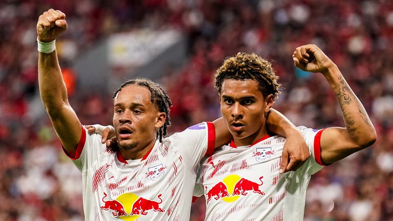 RB Leipzig duo Xavi Simons and Antonio Nusa celebrate during the win over Bayer Leverkusen