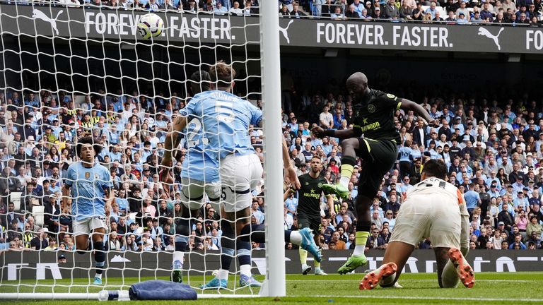 Brentford's Yoane Wissa opens the scoring at the Etihad Staduim