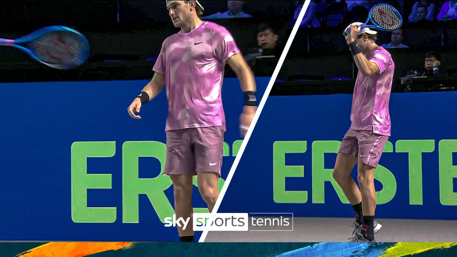 Jack Draper smashes his racket after lost point vs Luciano Darderi