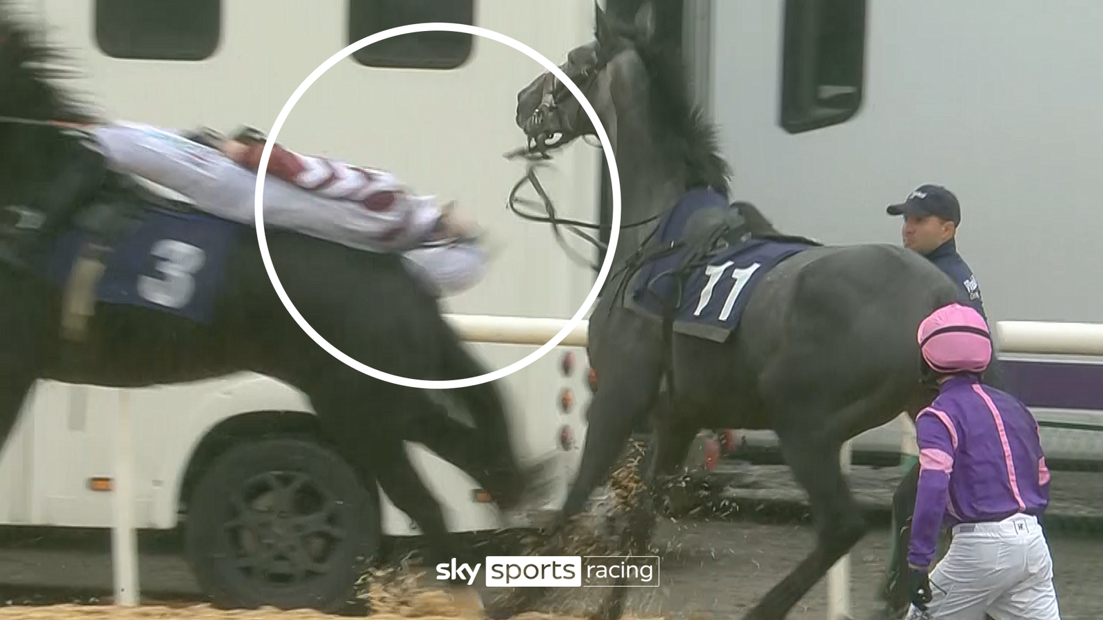 Freak incident and lucky escape as jockey is clotheslined by horse