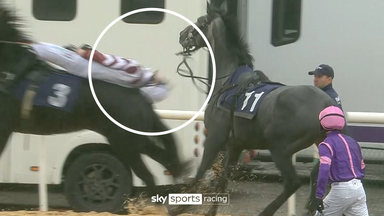 Freak incident and lucky escape as jockey is clotheslined by horse!