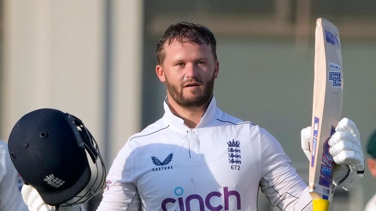 England's Ben Duckett celebrates after scoring his fourth Test century against Pakistan on day two of the second Test in Multan