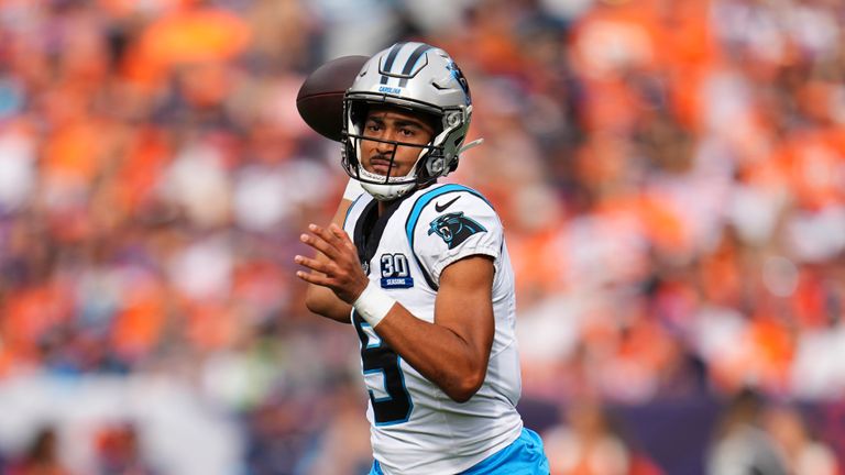 Carolina Panthers quarterback Bryce Young (9) plays against the Denver Broncos of an NFL football game Sunday October 27, 2024, in Denver.