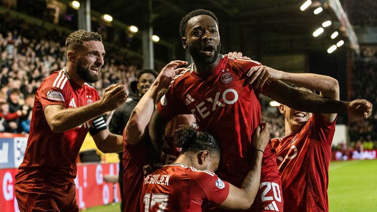 ABERDEEN, SCOTLAND - OCTOBER 30: Aberdeen's Shayden Morris celebrates as he scores to make it 2-0 during a William Hill Premiership match between Aberdeen and Rangers at Pittodrie Stadium, on October 30, 2024, in Aberdeen, Scotland. (Photo by Alan Harvey / SNS Group)