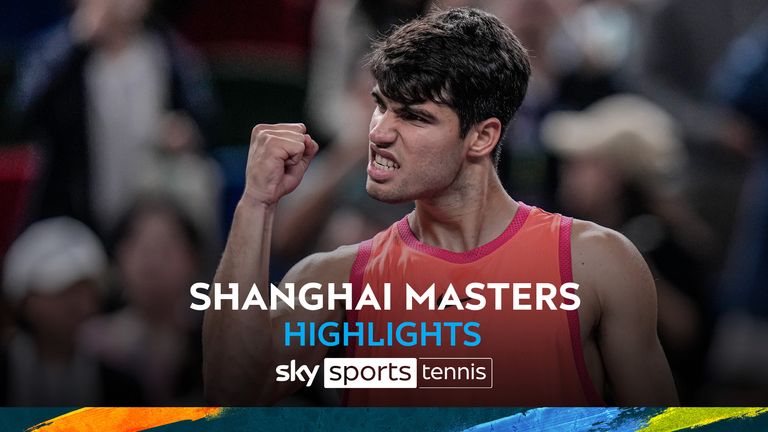 Carlos Alcaraz of Spain celebrates after defeating Wu Yibing of China in the men&#39;s singles third round match of the Shanghai Masters tennis tournament at Qizhong Forest Sports City Tennis Center in Shanghai, China, Sunday, Oct. 6, 2024