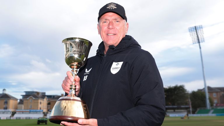 Essex v Surrey - Vitality County Championship - Day Four - The Cloud County Ground
Surrey's Alec Stewart with the division one trophy following the Vitality County Championship match at The Cloud County Ground, Chelmsford. Picture date: Sunday September 29, 2024.