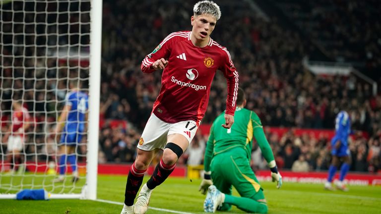 Manchester United's Alejandro Garnacho celebrates after scoring his side's second goal (AP Photo/Dave Thompson)