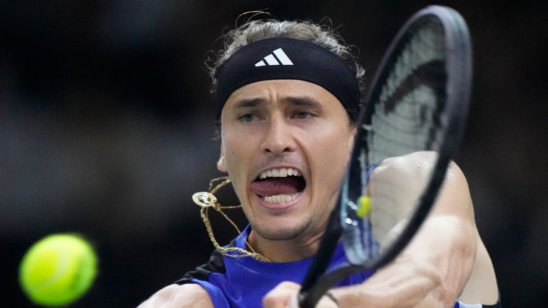 Germany's Alexander Zverev returns the ball to France's Arthur Fils during their third round match of the Paris Masters tennis tournament at the Accor Arena, Thursday, Oct. 31, 2024 in Paris. (AP Photo/Michel Euler)