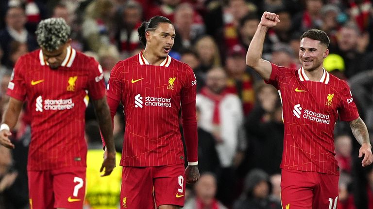 Alexis Mac Allister celebrates after giving Liverpool an early lead against Bologna