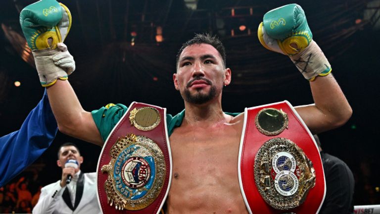 Janibek Alimkhanuly retained his IBF middleweight world title with a brutal stoppage victory over Andrei Mikhailovich. Credit: No Limit