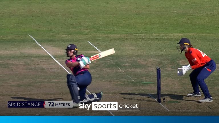 Ailsa Lister smashes Scotland's first six of the 2024 Women's T20 Cricket World Cup campaign which goes an impressive distance of 72 metres.  