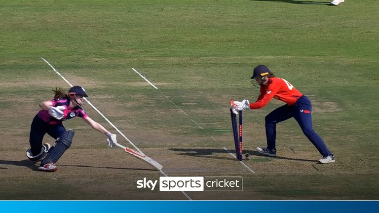 Amy Jones stumps Sarah Bryce after the Scottish batter didn&#39;t have her feet on the ground in the crease and Sophie Ecclestone gets her first wicket of the day. 